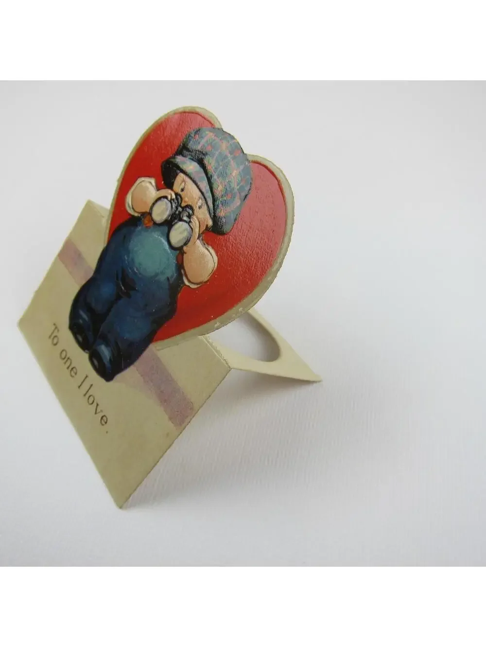 Vintage Valentine Card Cutout Stand Up Boy Binoculars Plaid Hat Overall UNSIGNED